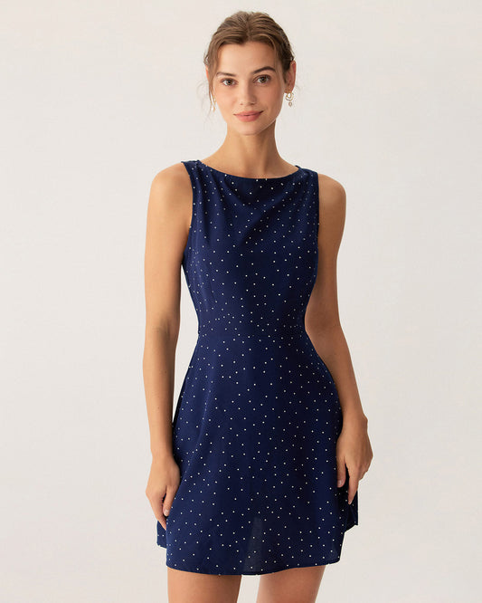 Blue Polka Dot Sleeveless Cut Out Mini Dress