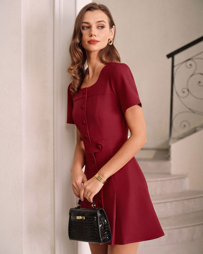 Red U Neck A-Line Mini Dress